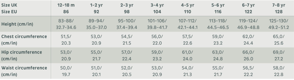 Size chart for children's dungarees