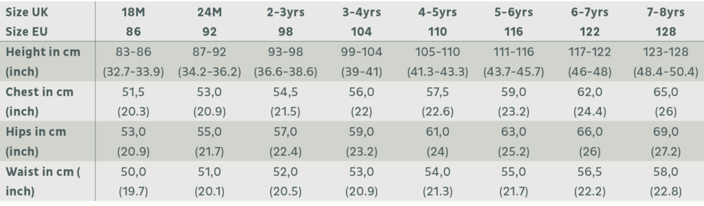 Children's shirt size chart